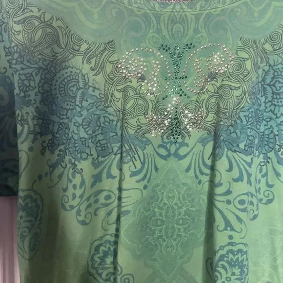 Jane Ashley Green Patterned Butterfly Rhinestone Top Y2K Boho Size XL - Picture 3 of 4